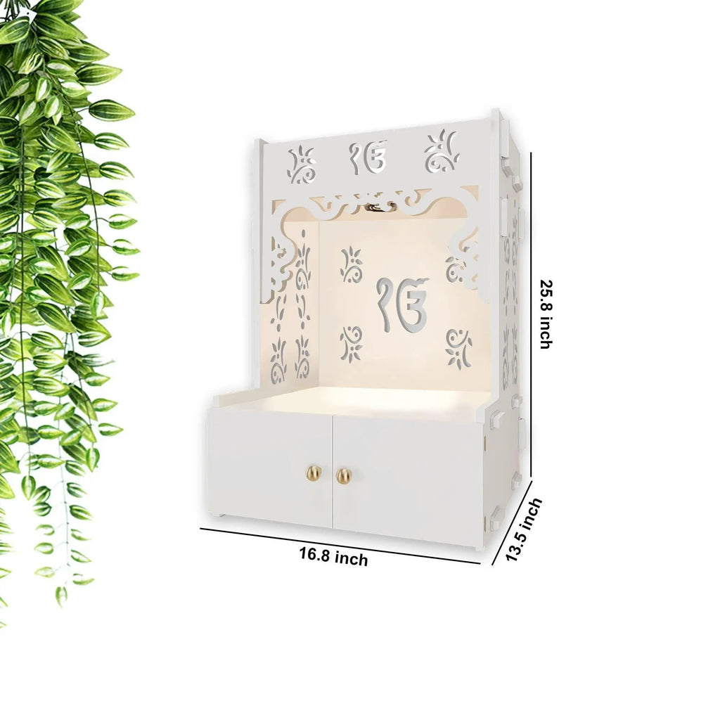 Ek-onkar Holy Symbol White Wooden Wall Temple for Home With Inbuilt focus Lights & Spacious Shelf - Decor Mantra 
