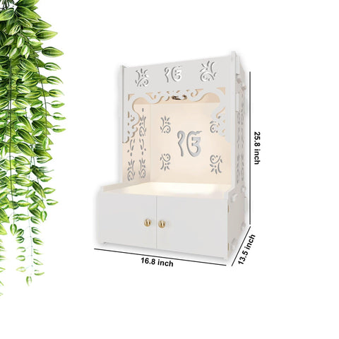 Ek-onkar Holy Symbol White Wooden Wall Temple for Home With Inbuilt focus Lights & Spacious Shelf - Decor Mantra 