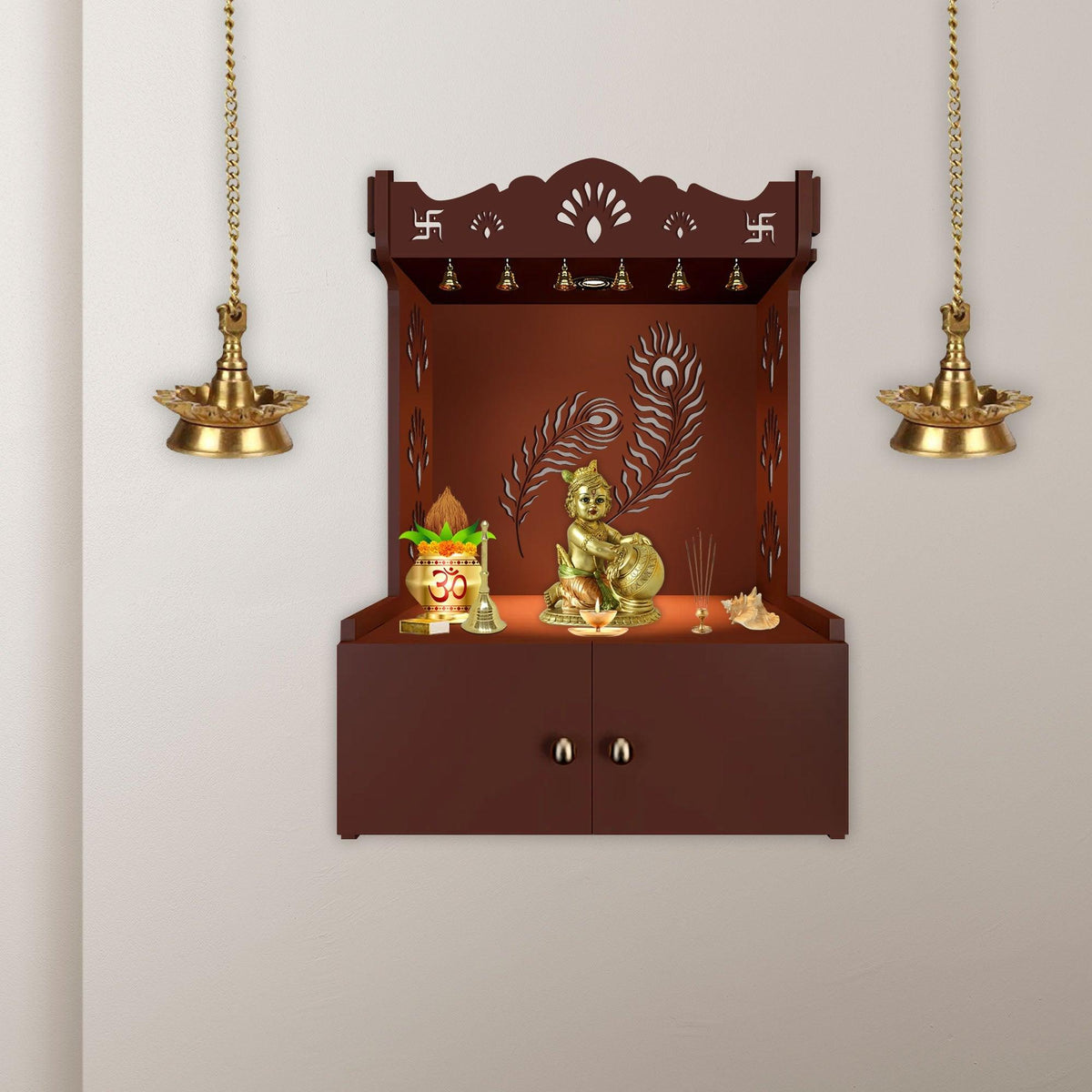 Premium Art of Mor Pankh Brown Wooden Temple for Home with Inbuilt Focus Light & Spacious Shelf - Decor Mantra 