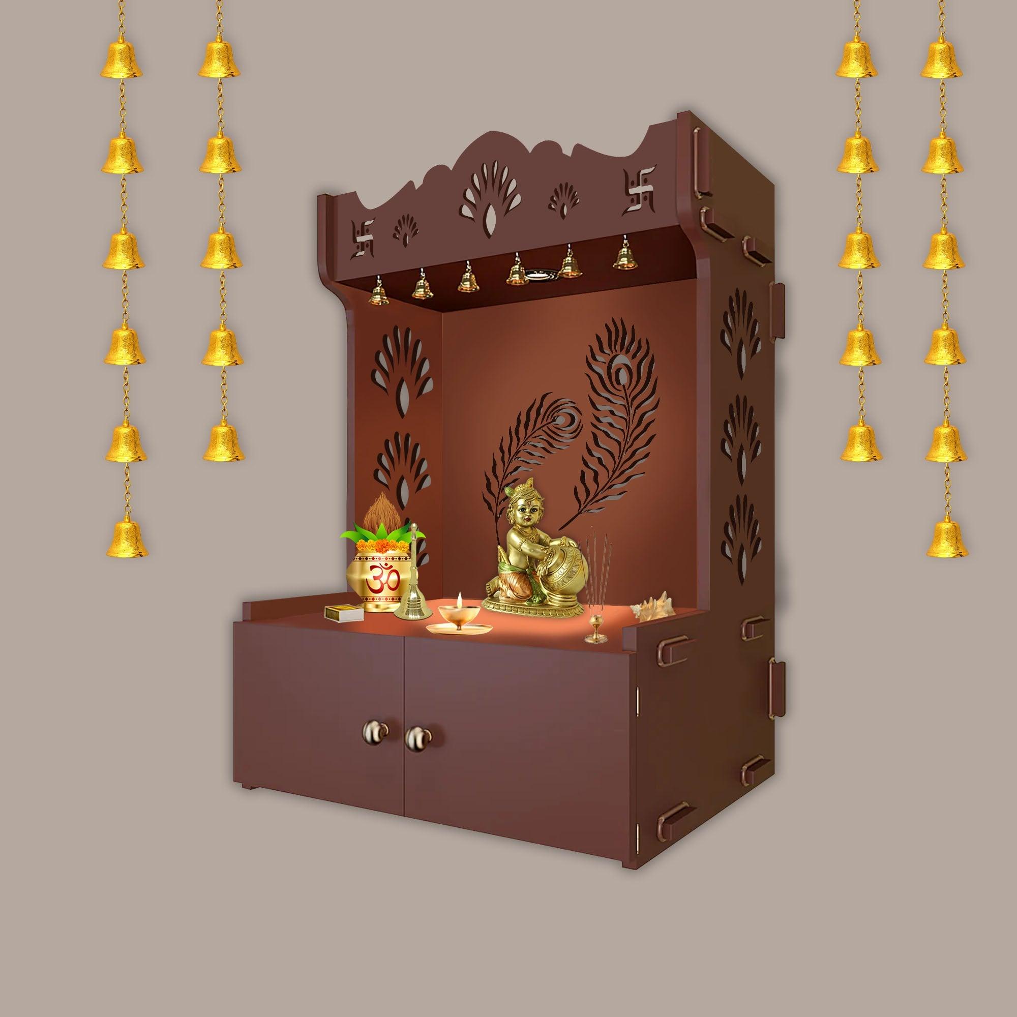 Premium Art of Mor Pankh Brown Wooden Temple for Home with Inbuilt Focus Light & Spacious Shelf - Decor Mantra 