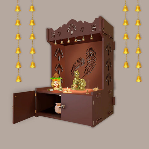 Premium Art of Mor Pankh Brown Wooden Temple for Home with Inbuilt Focus Light & Spacious Shelf - Decor Mantra 