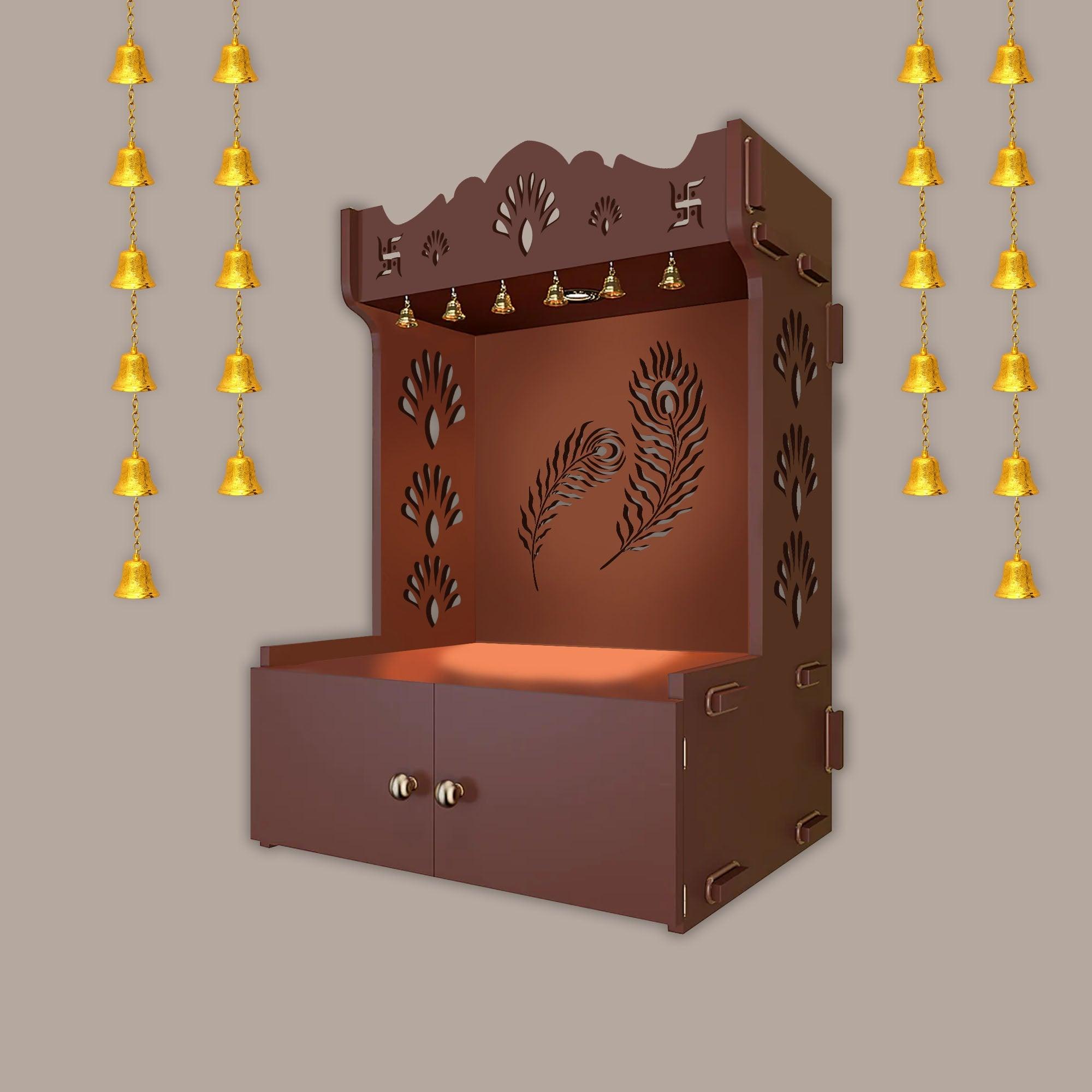 Premium Art of Mor Pankh Brown Wooden Temple for Home with Inbuilt Focus Light & Spacious Shelf - Decor Mantra 