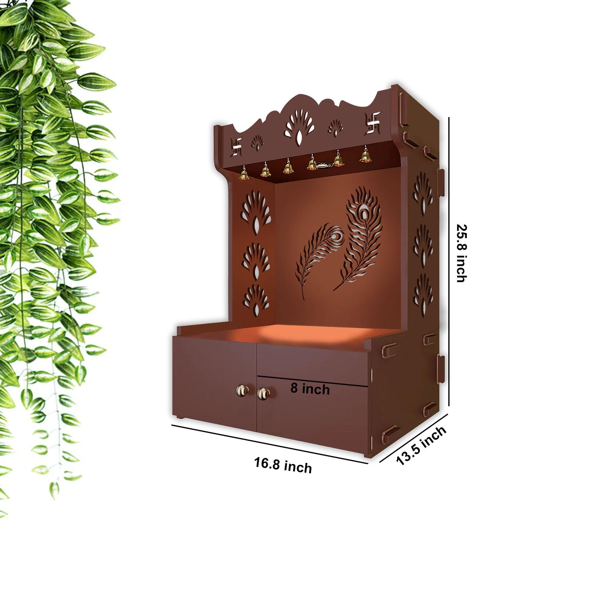 Premium Art of Mor Pankh Brown Wooden Temple for Home with Inbuilt Focus Light & Spacious Shelf - Decor Mantra 