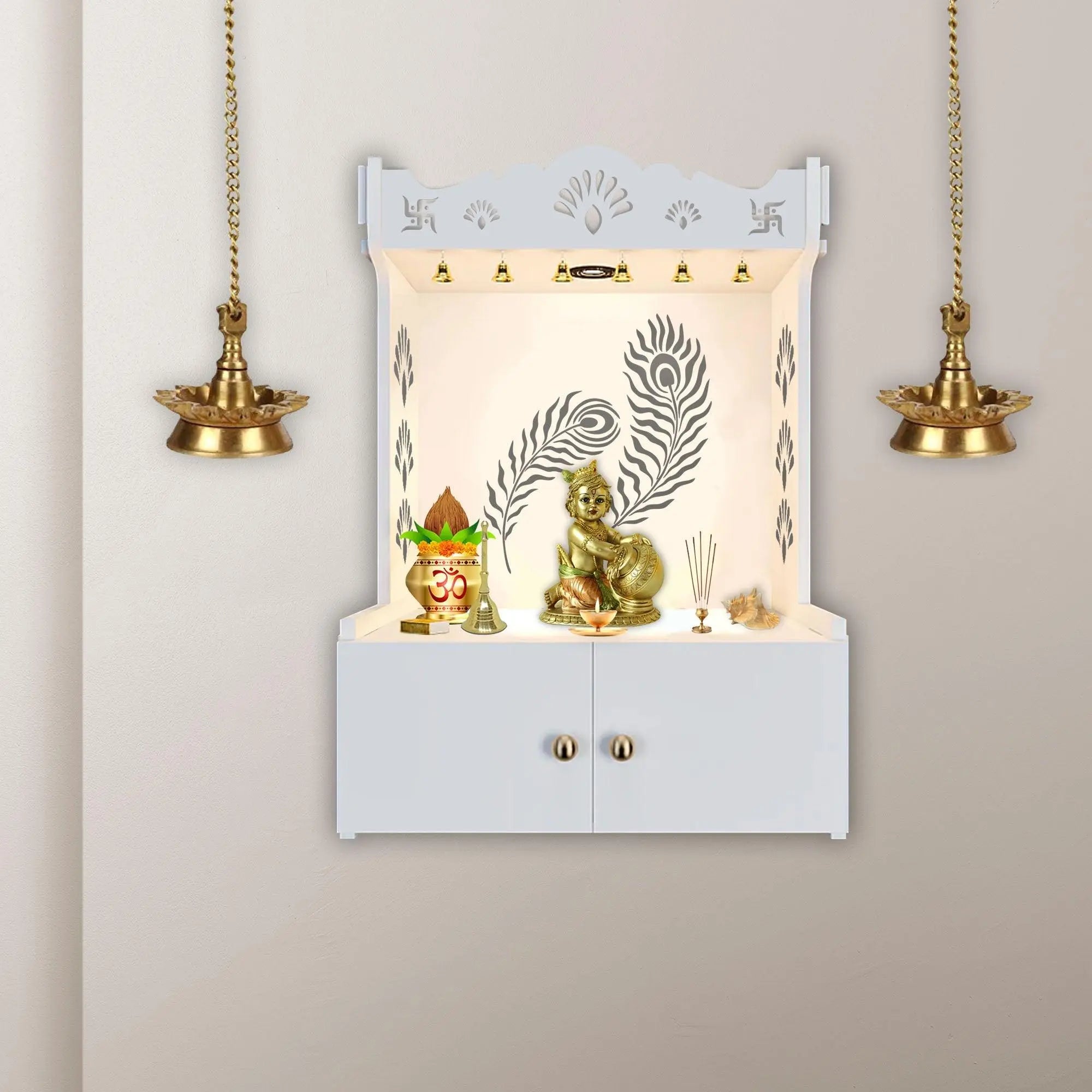 Premium Art of Mor Pankh White Wooden Temple for Home with Inbuilt Focus Light & Spacious Shelf - Decor Mantra 