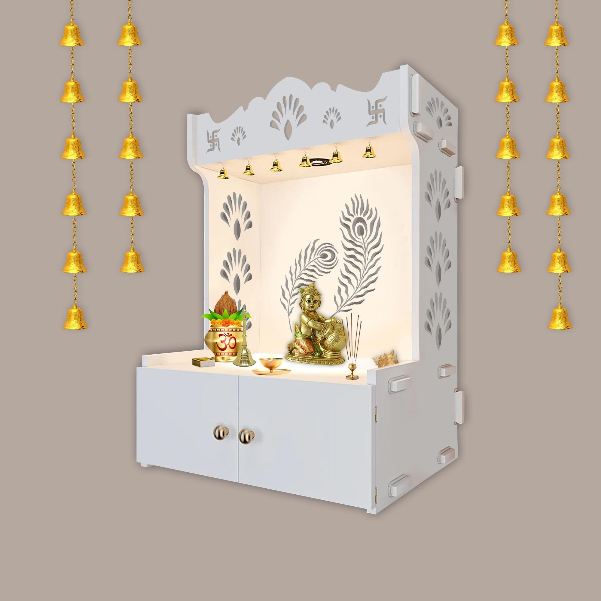 Premium Art of Mor Pankh White Wooden Temple for Home with Inbuilt Focus Light & Spacious Shelf - Decor Mantra 