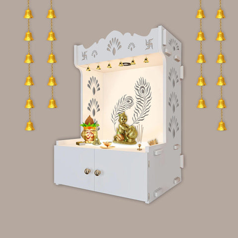Premium Art of Mor Pankh White Wooden Temple for Home with Inbuilt Focus Light & Spacious Shelf - Decor Mantra 