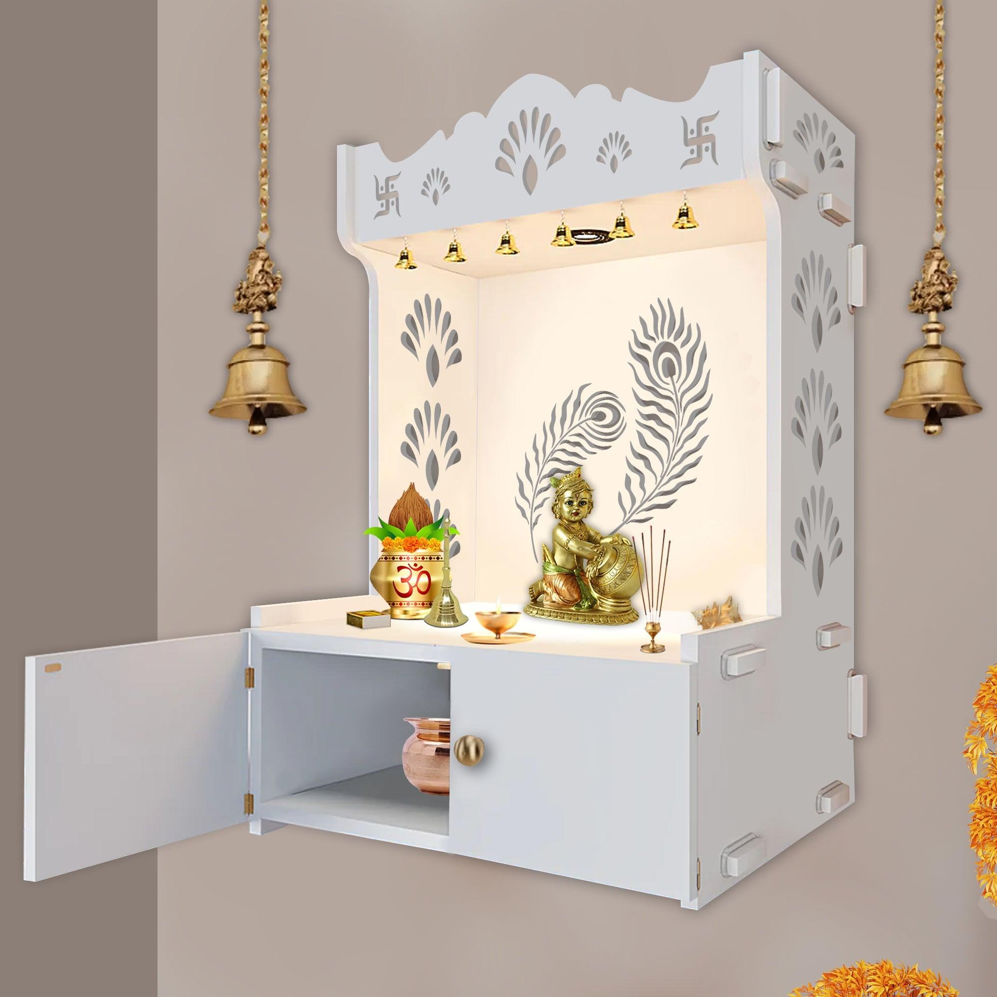 Premium Art of Mor Pankh White Wooden Temple for Home with Inbuilt Focus Light & Spacious Shelf - Decor Mantra 