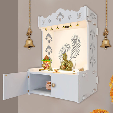 Premium Art of Mor Pankh White Wooden Temple for Home with Inbuilt Focus Light & Spacious Shelf - Decor Mantra 