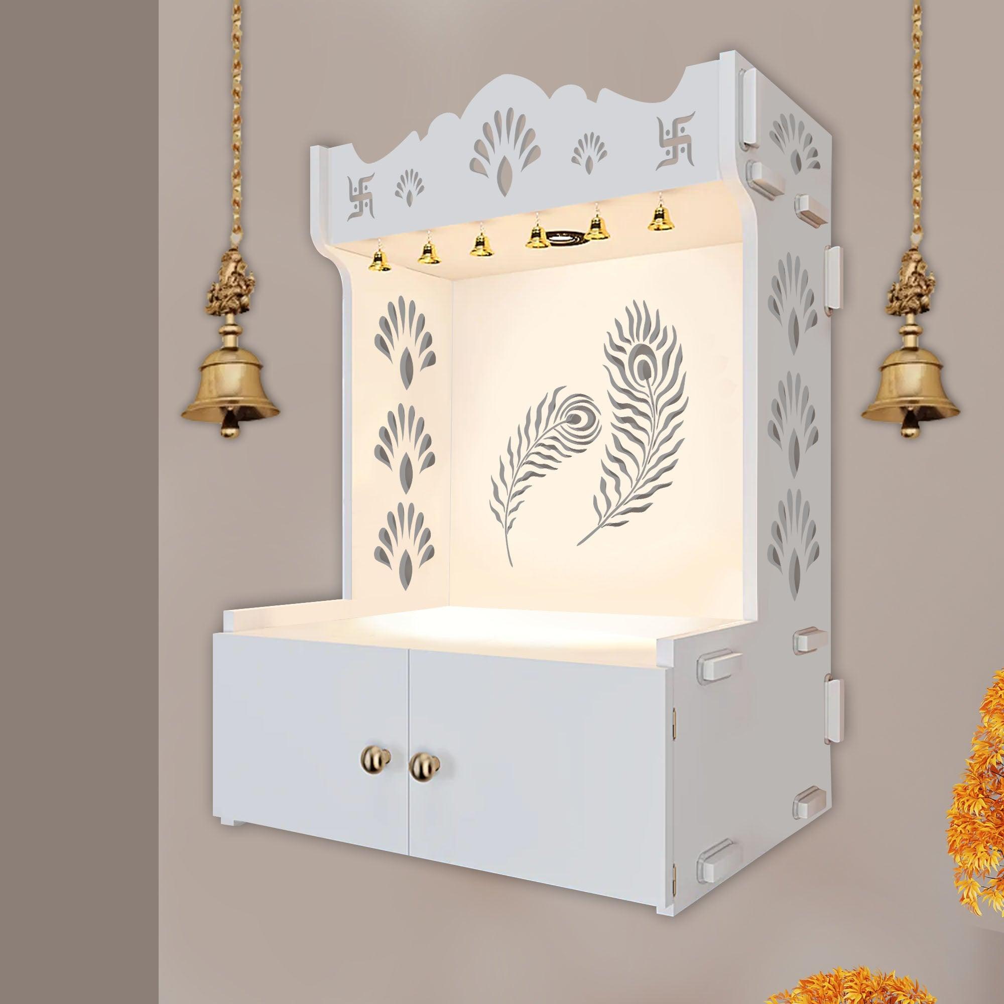 Premium Art of Mor Pankh White Wooden Temple for Home with Inbuilt Focus Light & Spacious Shelf - Decor Mantra 