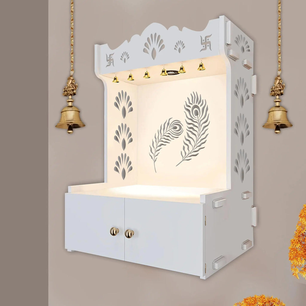 Premium Art of Mor Pankh White Wooden Temple for Home with Inbuilt Focus Light & Spacious Shelf - Decor Mantra 