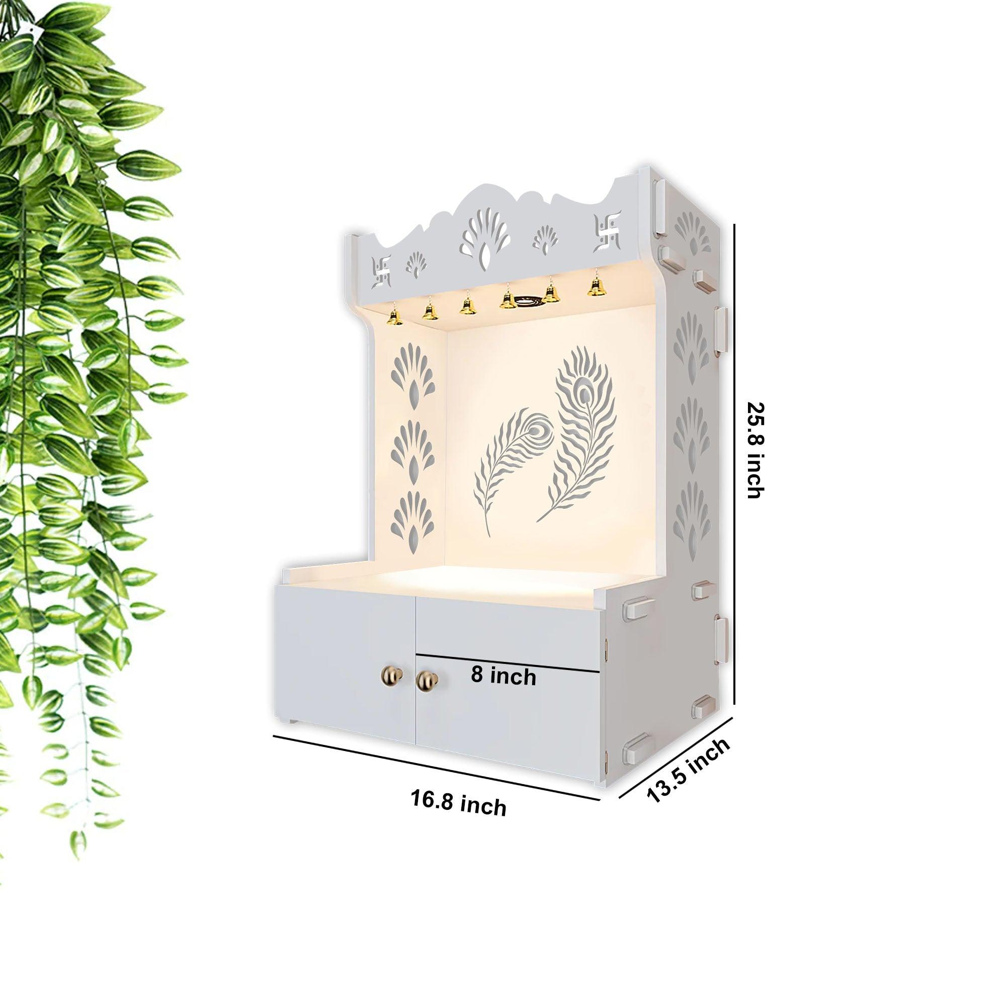 Premium Art of Mor Pankh White Wooden Temple for Home with Inbuilt Focus Light & Spacious Shelf - Decor Mantra 