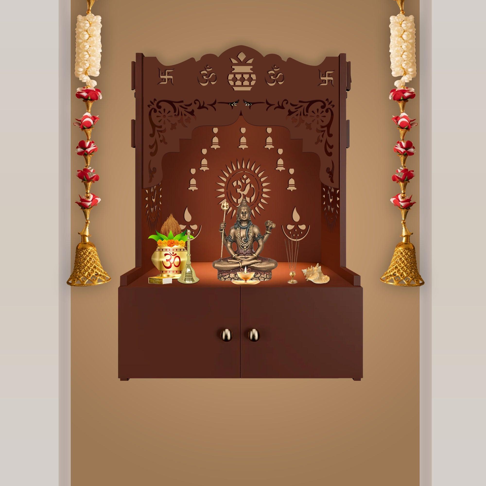 Designer Holy Symbol Om Brown Wood Temple with Inbuilt Focus Light & Spacious Shelf - Decor Mantra 