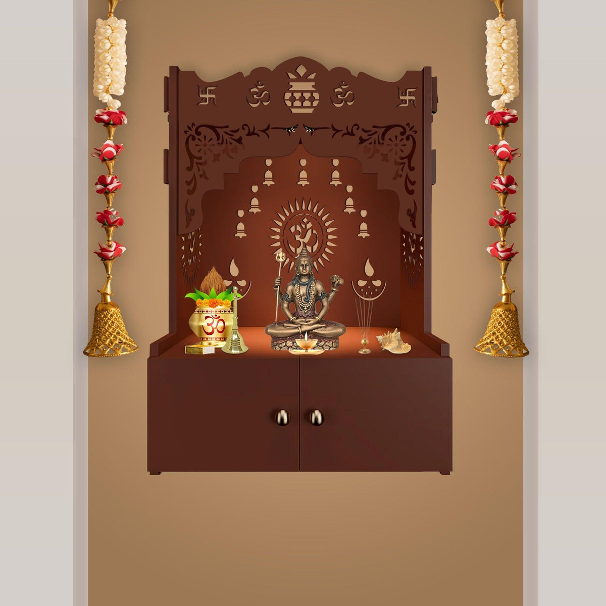Designer Holy Symbol Om Brown Wood Temple with Inbuilt Focus Light & Spacious Shelf - Decor Mantra 