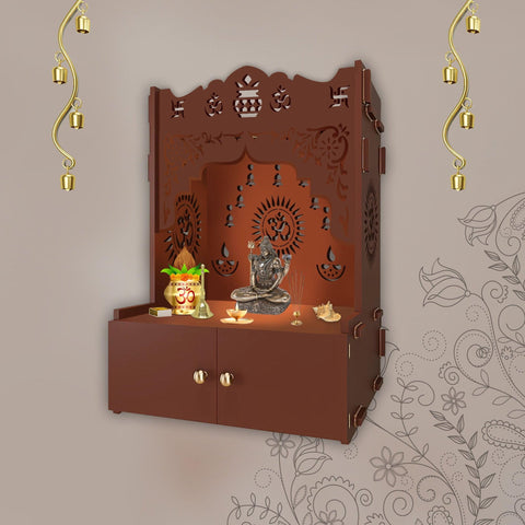 Designer Holy Symbol Om Brown Wood Temple with Inbuilt Focus Light & Spacious Shelf - Decor Mantra 