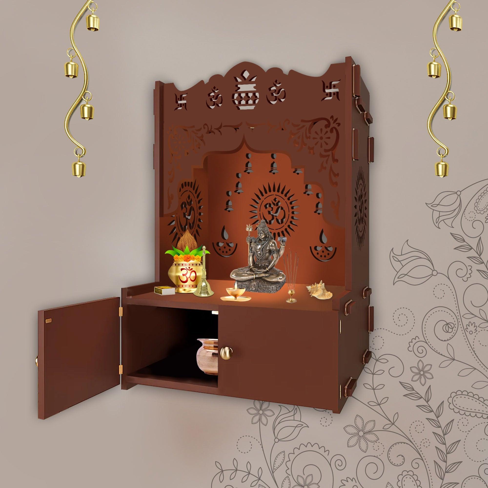 Designer Holy Symbol Om Brown Wood Temple with Inbuilt Focus Light & Spacious Shelf - Decor Mantra 