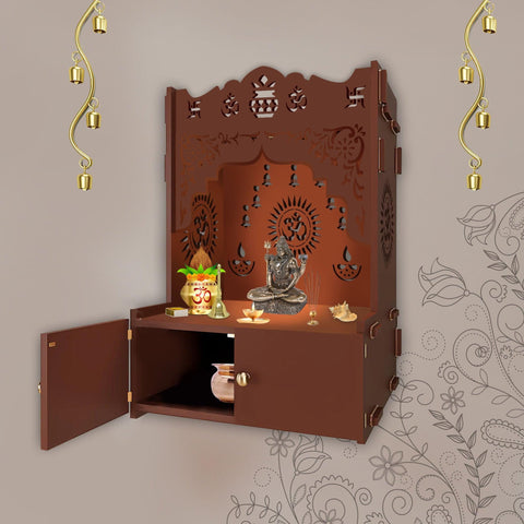 Designer Holy Symbol Om Brown Wood Temple with Inbuilt Focus Light & Spacious Shelf - Decor Mantra 