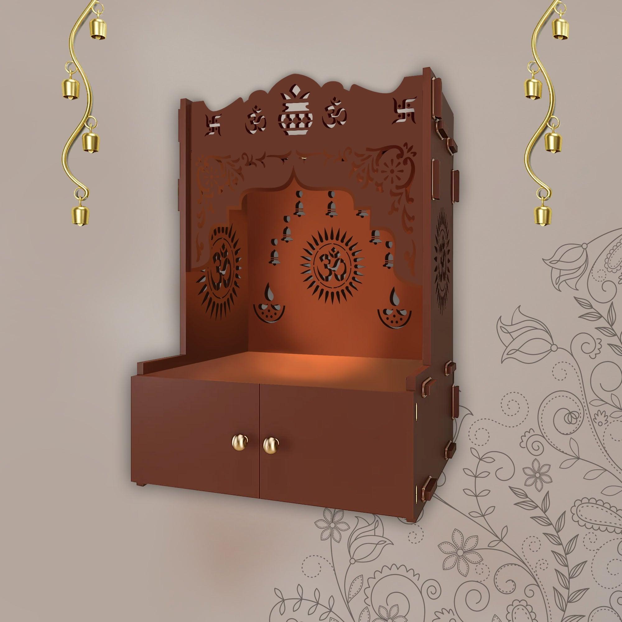Designer Holy Symbol Om Brown Wood Temple with Inbuilt Focus Light & Spacious Shelf - Decor Mantra 