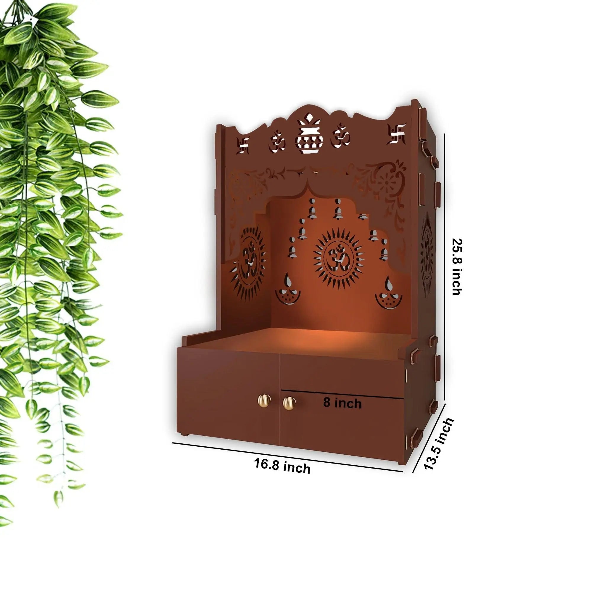 Designer Holy Symbol Om Brown Wood Temple with Inbuilt Focus Light & Spacious Shelf - Decor Mantra 