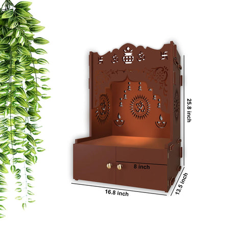 Designer Holy Symbol Om Brown Wood Temple with Inbuilt Focus Light & Spacious Shelf - Decor Mantra 
