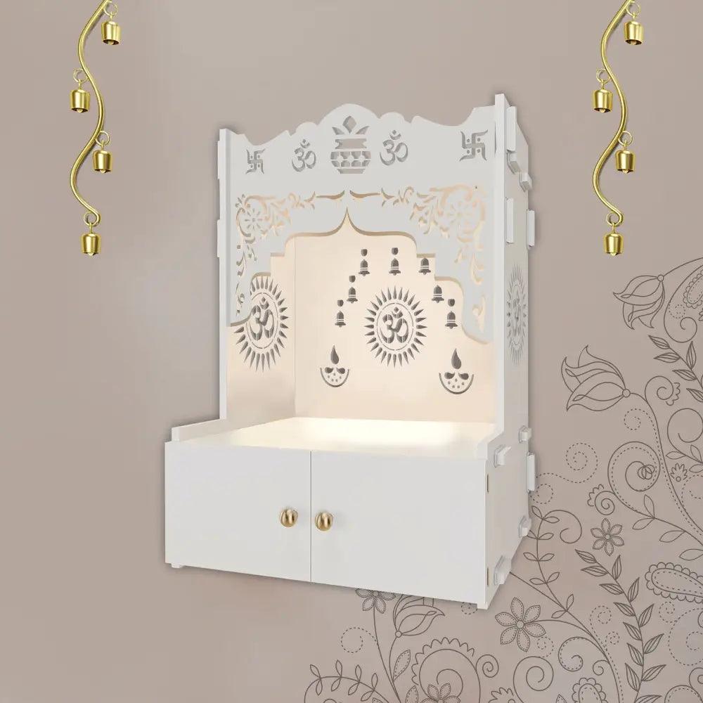 Designer Holy Symbol Om White Wood Temple with Inbuilt Focus Light & Spacious Shelf - Decor Mantra 