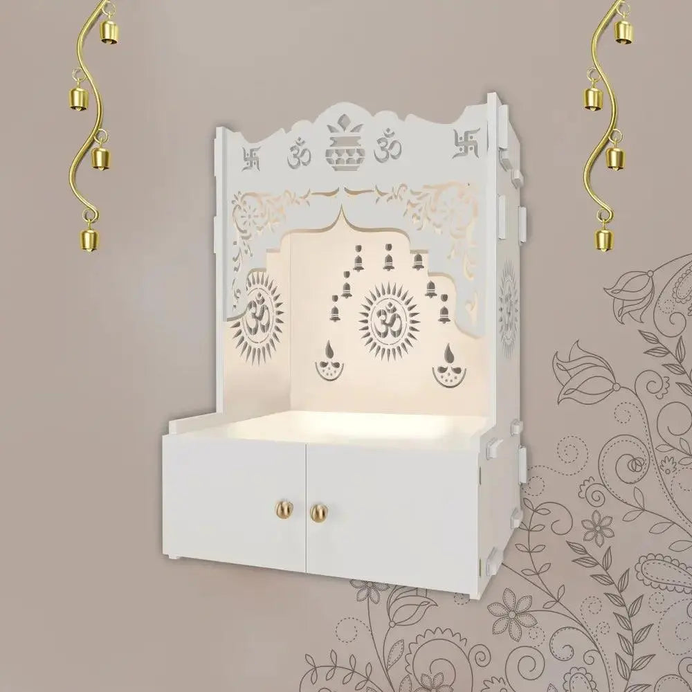 Designer Holy Symbol Om White Wood Temple with Inbuilt Focus Light & Spacious Shelf - Decor Mantra 
