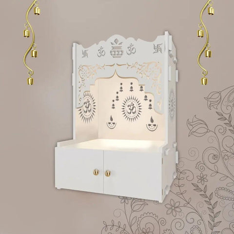 Designer Holy Symbol Om White Wood Temple with Inbuilt Focus Light & Spacious Shelf - Decor Mantra 