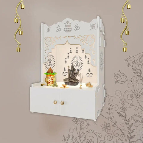 Designer Holy Symbol Om White Wood Temple with Inbuilt Focus Light & Spacious Shelf - Decor Mantra 