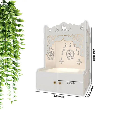 Designer Holy Symbol Om White Wood Temple with Inbuilt Focus Light & Spacious Shelf - Decor Mantra 