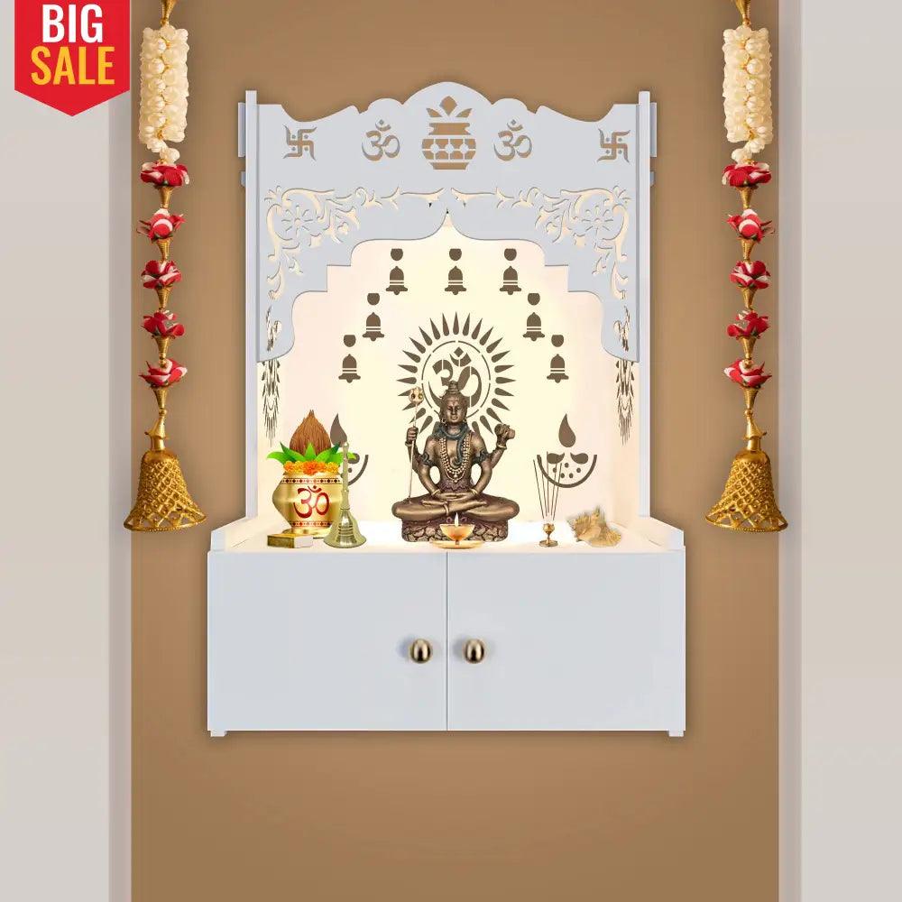 Designer Holy Symbol Om White Wood Temple with Inbuilt Focus Light & Spacious Shelf - Decor Mantra 