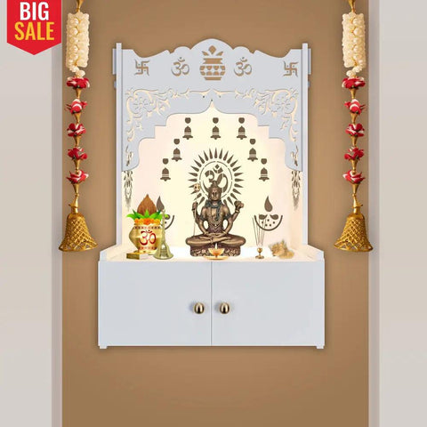 Designer Holy Symbol Om White Wood Temple with Inbuilt Focus Light & Spacious Shelf - Decor Mantra 