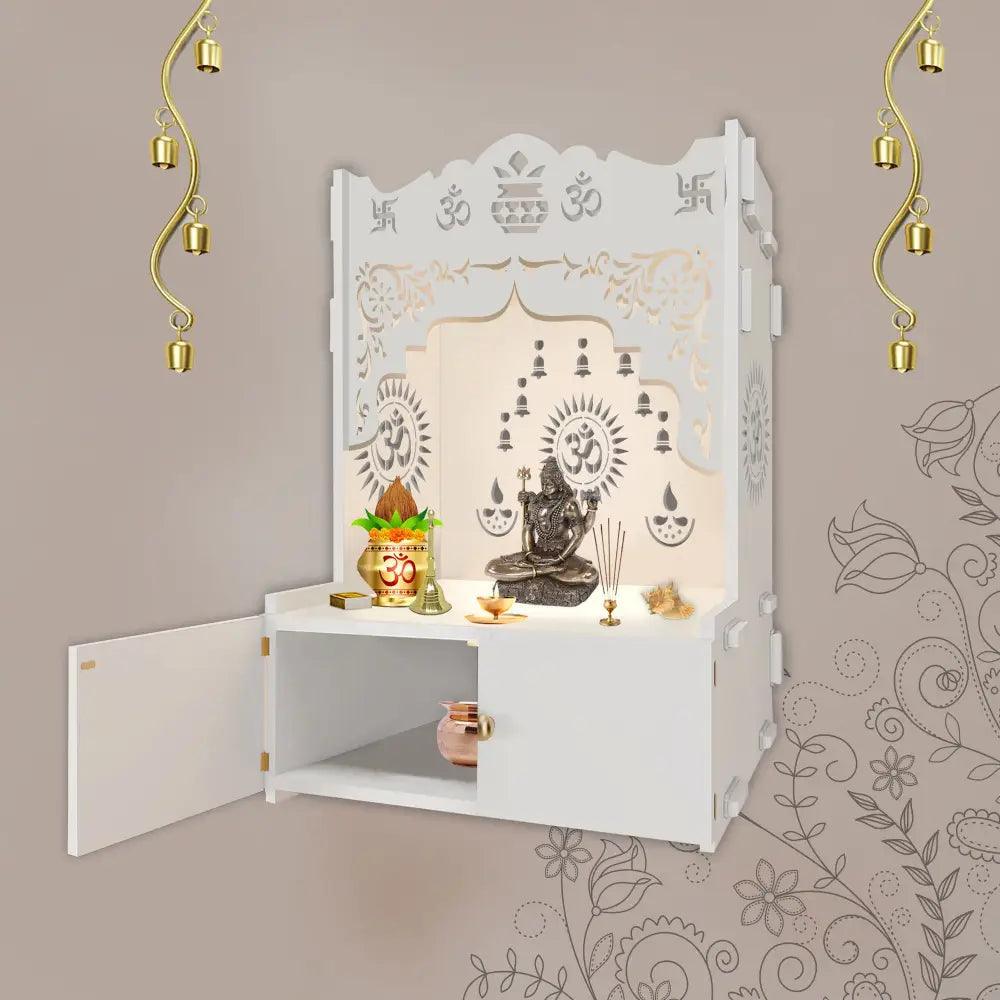 Designer Holy Symbol Om White Wood Temple with Inbuilt Focus Light & Spacious Shelf - Decor Mantra 