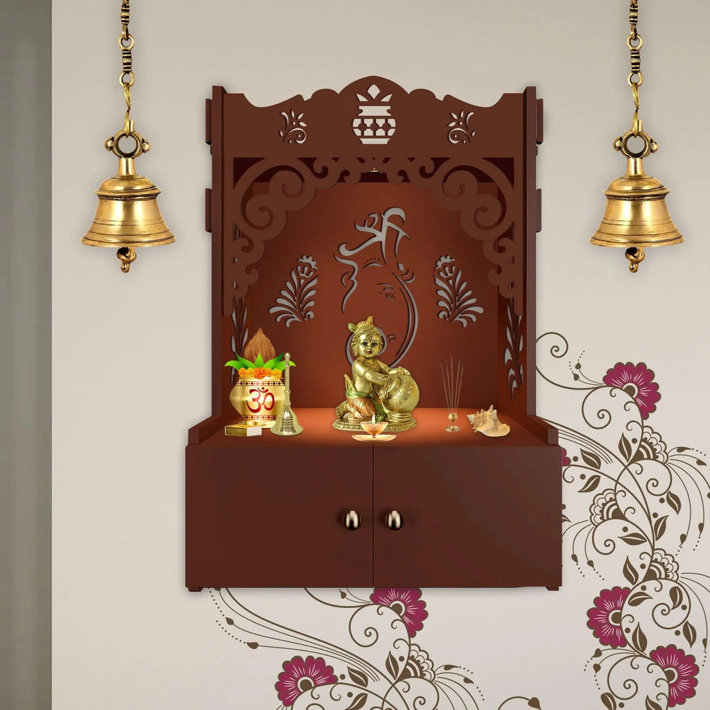 Beautiful Design of Lord Ganesh Brown Wooden Wall Temple for Home With Inbuilt focus Lights & Spacious Shelf - Decor Mantra 