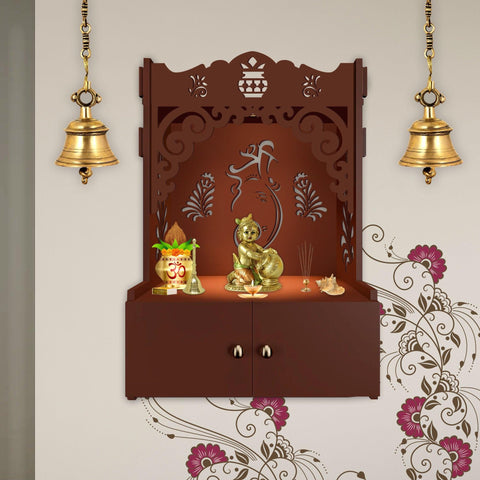 Beautiful Design of Lord Ganesh Brown Wooden Wall Temple for Home With Inbuilt focus Lights & Spacious Shelf - Decor Mantra 