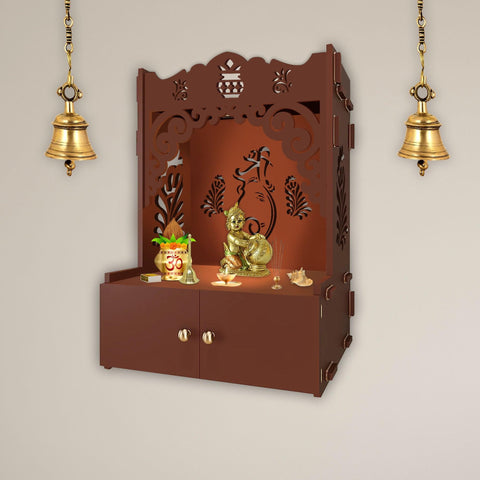 Beautiful Design of Lord Ganesh Brown Wooden Wall Temple for Home With Inbuilt focus Lights & Spacious Shelf - Decor Mantra 