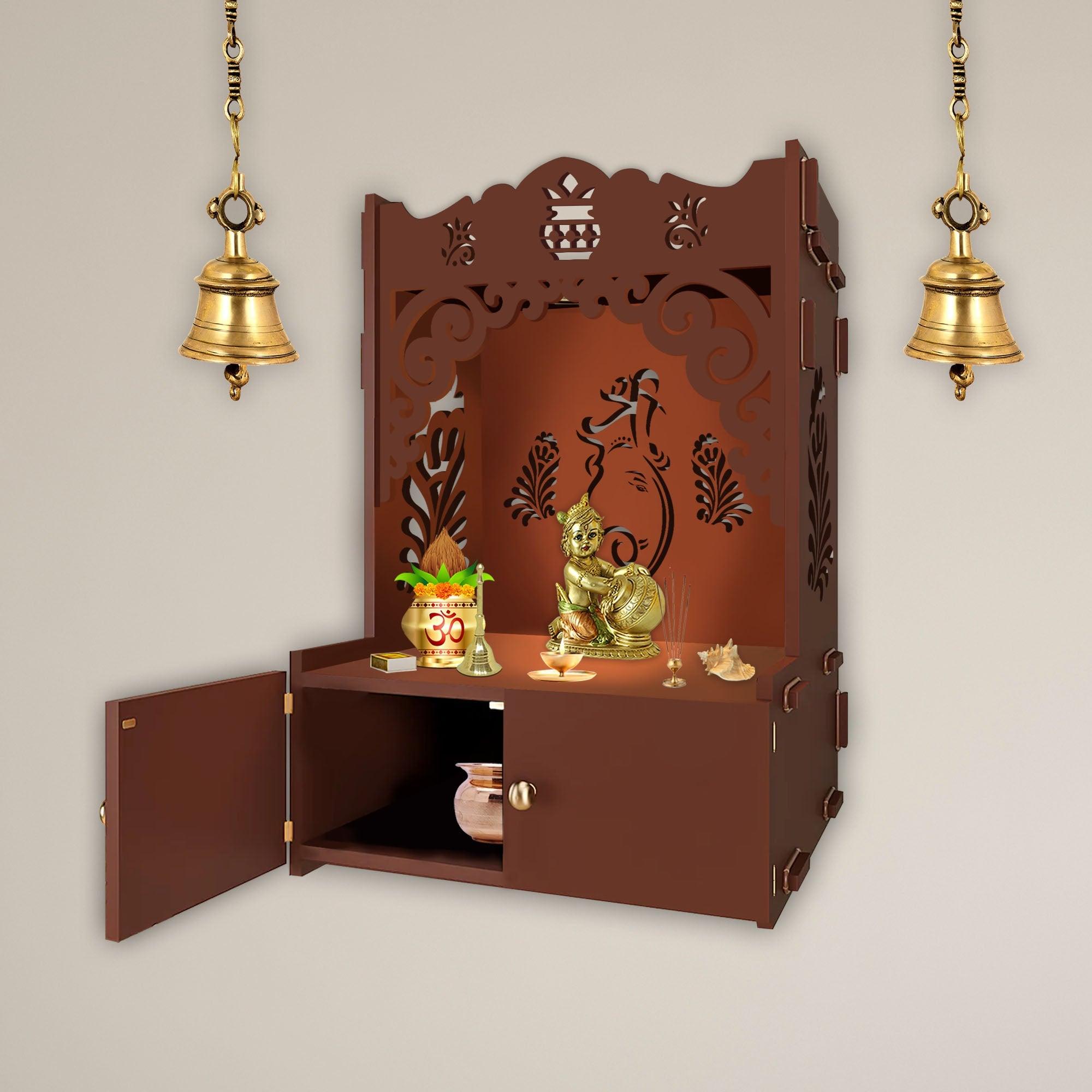 Beautiful Design of Lord Ganesh Brown Wooden Wall Temple for Home With Inbuilt focus Lights & Spacious Shelf - Decor Mantra 