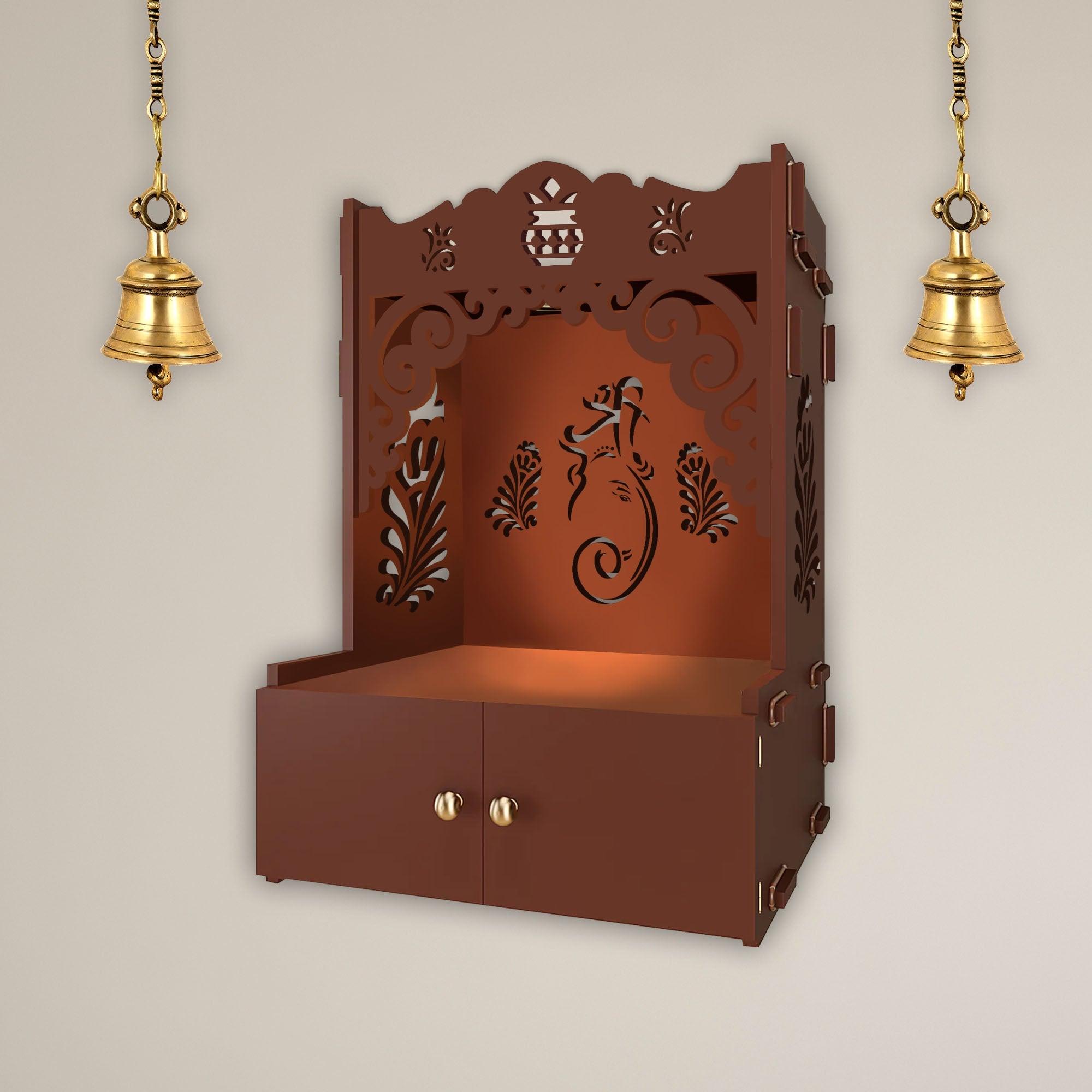 Beautiful Design of Lord Ganesh Brown Wooden Wall Temple for Home With Inbuilt focus Lights & Spacious Shelf - Decor Mantra 