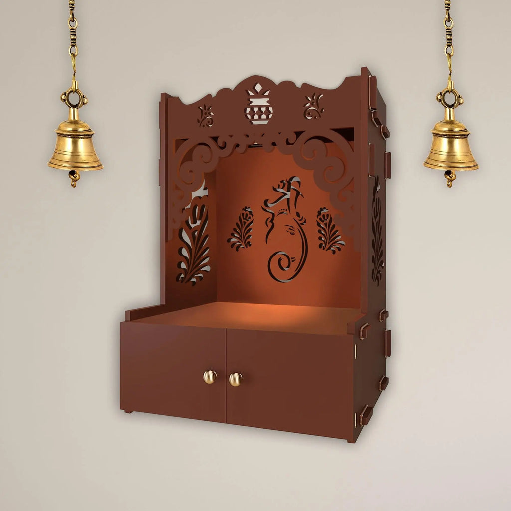 Beautiful Design of Lord Ganesh Brown Wooden Wall Temple for Home With Inbuilt focus Lights & Spacious Shelf - Decor Mantra 