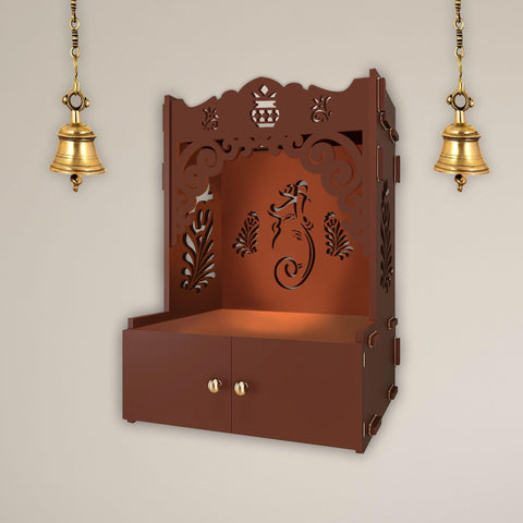 Beautiful Design of Lord Ganesh Brown Wooden Wall Temple for Home With Inbuilt focus Lights & Spacious Shelf - Decor Mantra 