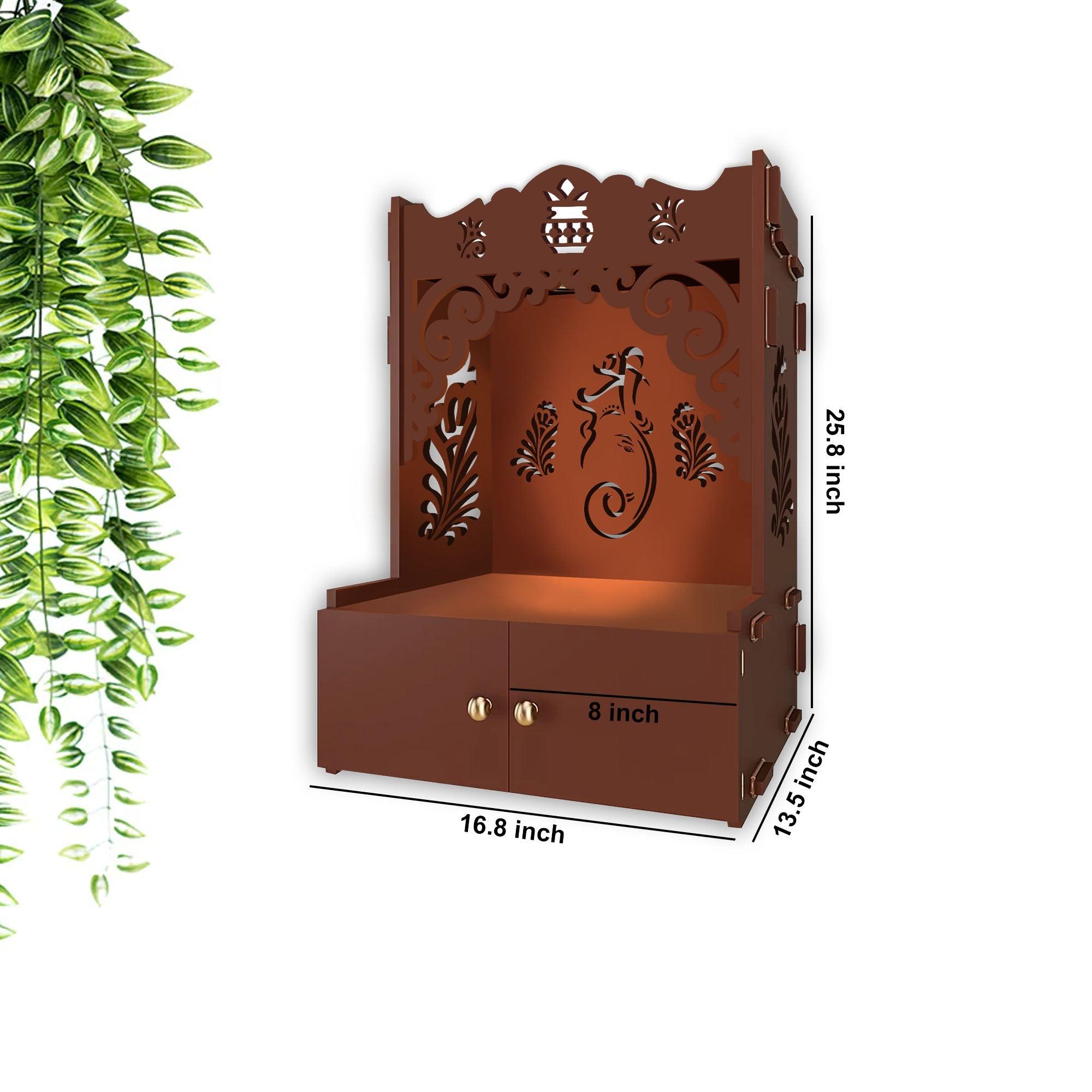 Beautiful Design of Lord Ganesh Brown Wooden Wall Temple for Home With Inbuilt focus Lights & Spacious Shelf - Decor Mantra 