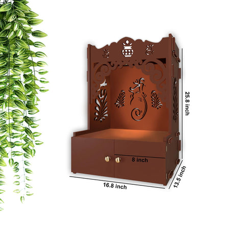Beautiful Design of Lord Ganesh Brown Wooden Wall Temple for Home With Inbuilt focus Lights & Spacious Shelf - Decor Mantra 