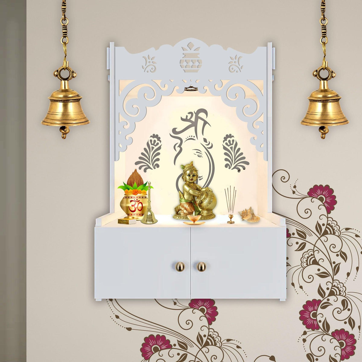 Beautiful Design of Lord Ganesh White Wooden Wall Temple for Home With Inbuilt focus Lights & Spacious Shelf - Decor Mantra 