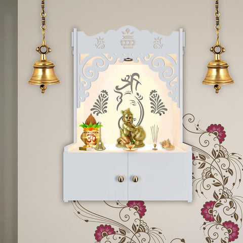 Beautiful Design of Lord Ganesh White Wooden Wall Temple for Home With Inbuilt focus Lights & Spacious Shelf - Decor Mantra 