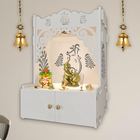 Beautiful Design of Lord Ganesh White Wooden Wall Temple for Home With Inbuilt focus Lights & Spacious Shelf - Decor Mantra 