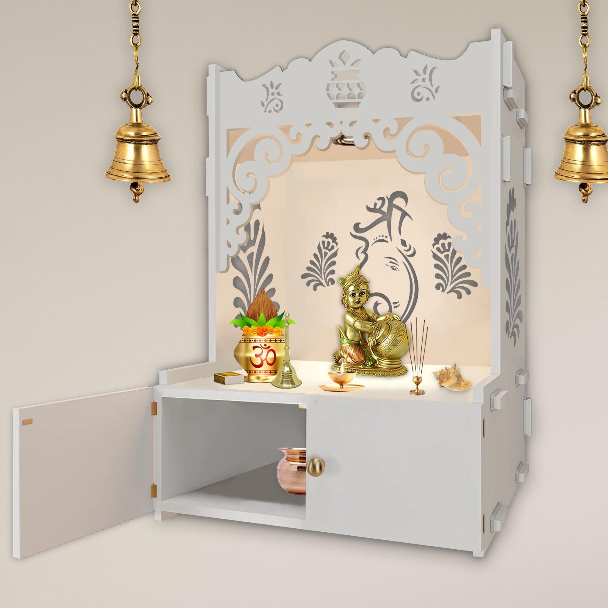 Beautiful Design of Lord Ganesh White Wooden Wall Temple for Home With Inbuilt focus Lights & Spacious Shelf - Decor Mantra 