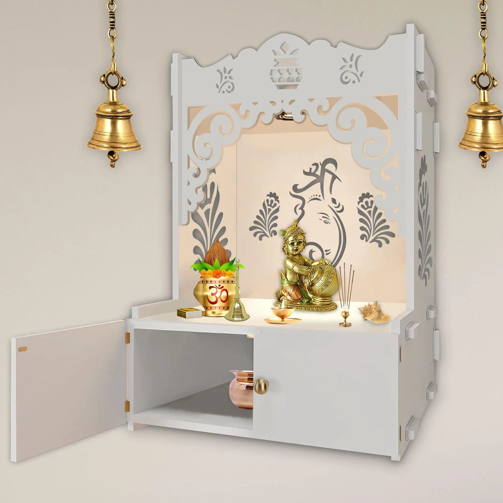 Beautiful Design of Lord Ganesh White Wooden Wall Temple for Home With Inbuilt focus Lights & Spacious Shelf - Decor Mantra 