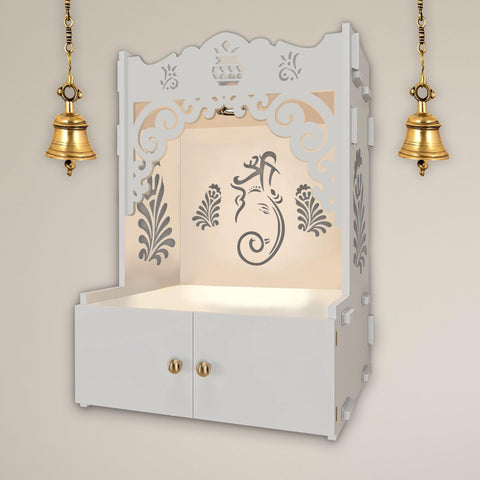Beautiful Design of Lord Ganesh White Wooden Wall Temple for Home With Inbuilt focus Lights & Spacious Shelf - Decor Mantra 