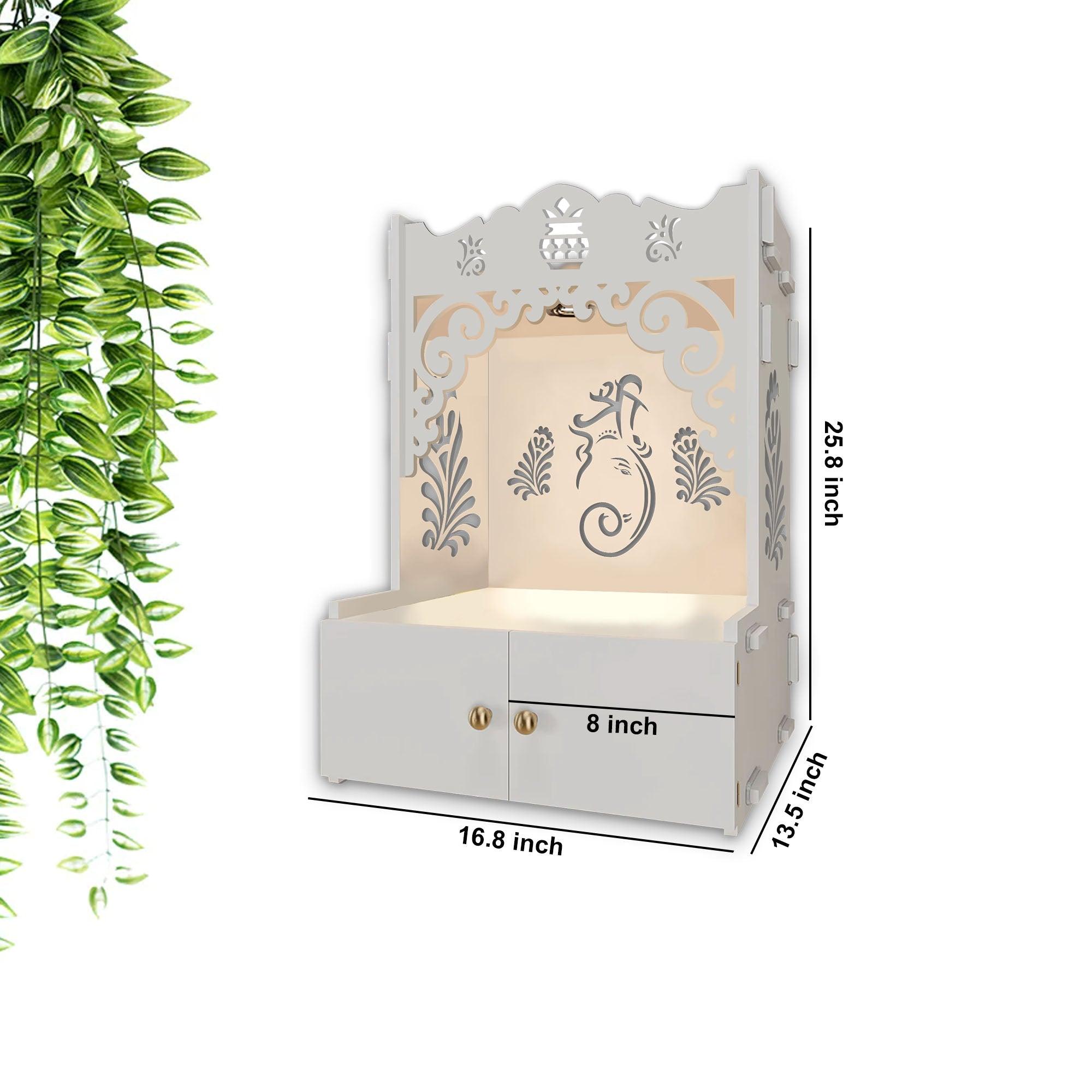 Beautiful Design of Lord Ganesh White Wooden Wall Temple for Home With Inbuilt focus Lights & Spacious Shelf - Decor Mantra 