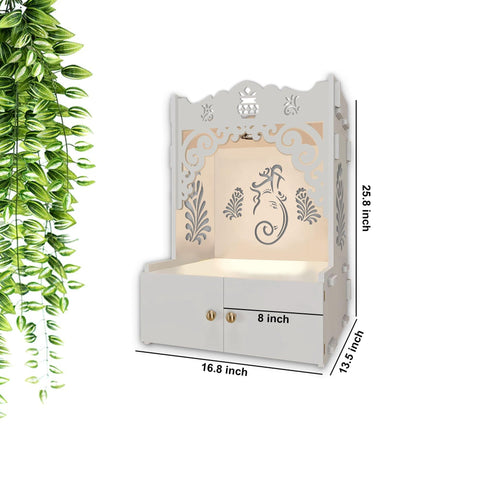 Beautiful Design of Lord Ganesh White Wooden Wall Temple for Home With Inbuilt focus Lights & Spacious Shelf - Decor Mantra 