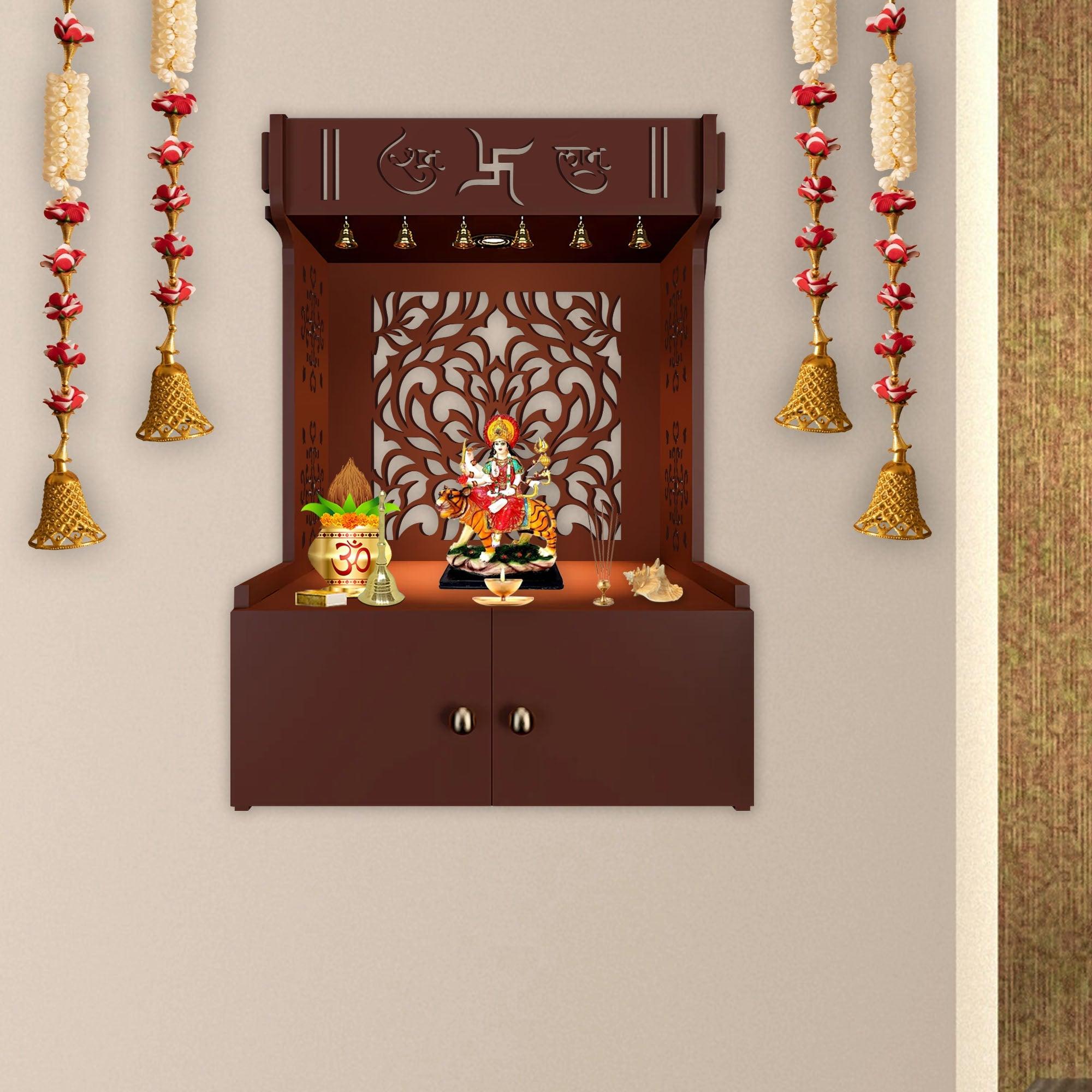 Holy Swastika Symbol of Hindu Religious Brown Wooden Wall Temple for Home With Inbuilt focus Lights & Spacious Shelf - Decor Mantra 