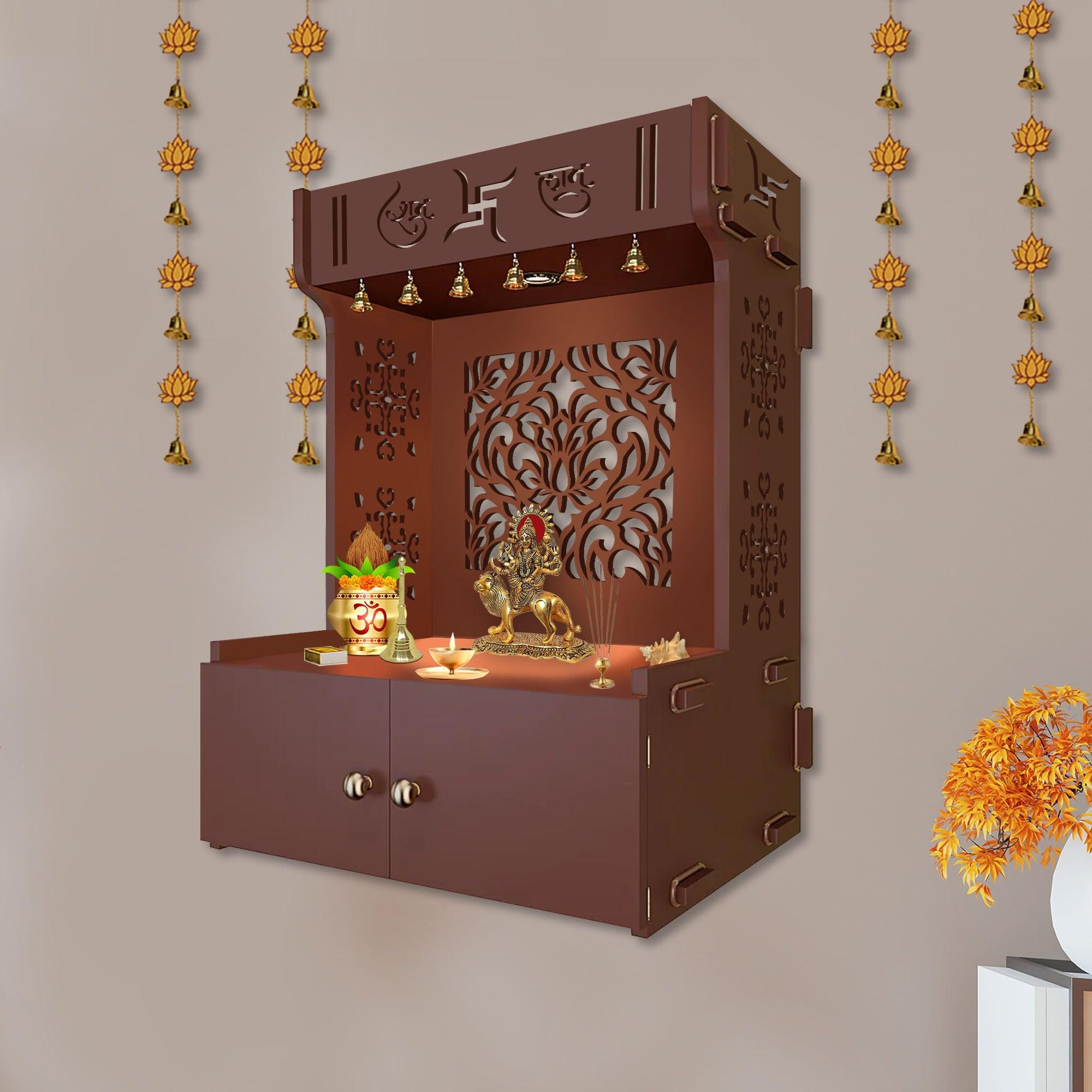 Holy Swastika Symbol of Hindu Religious Brown Wooden Wall Temple for Home With Inbuilt focus Lights & Spacious Shelf - Decor Mantra 